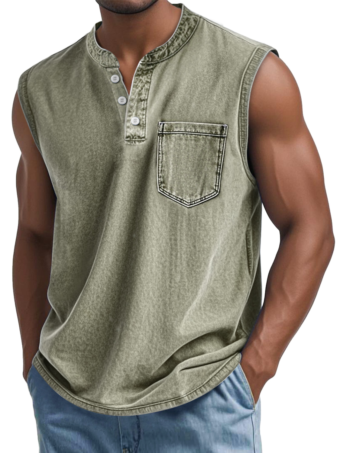 Men's Vintage Washed Cotton Stand Collar Pocket Casual Sleeveless Henley Vest