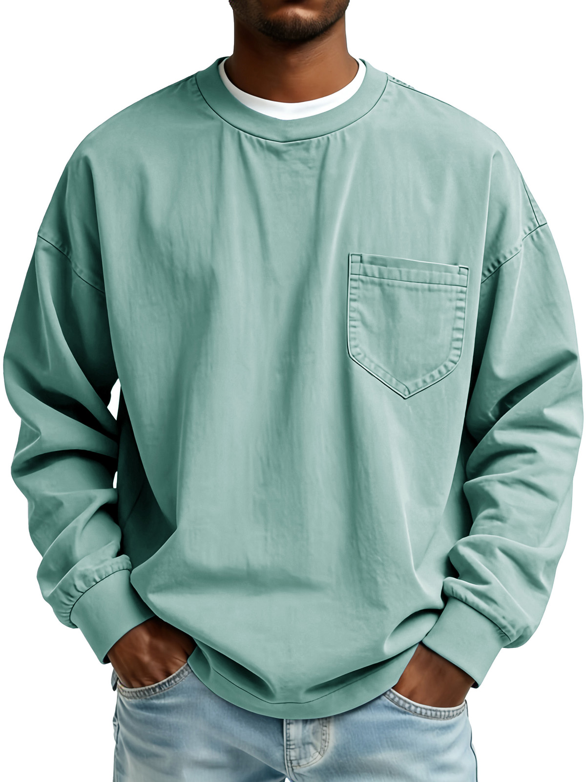 Men's Fashionable Retro Pleated Fabric Long-Sleeved Pocket Top