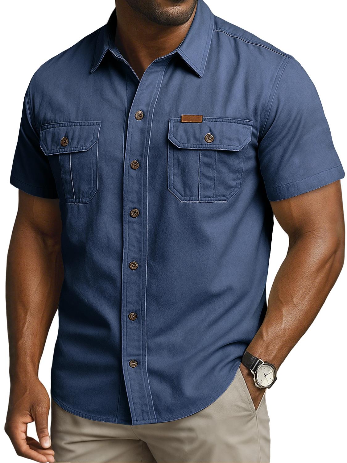 Men's Vintage Double Pocket Embroidered Leather Label Casual Work Shirt