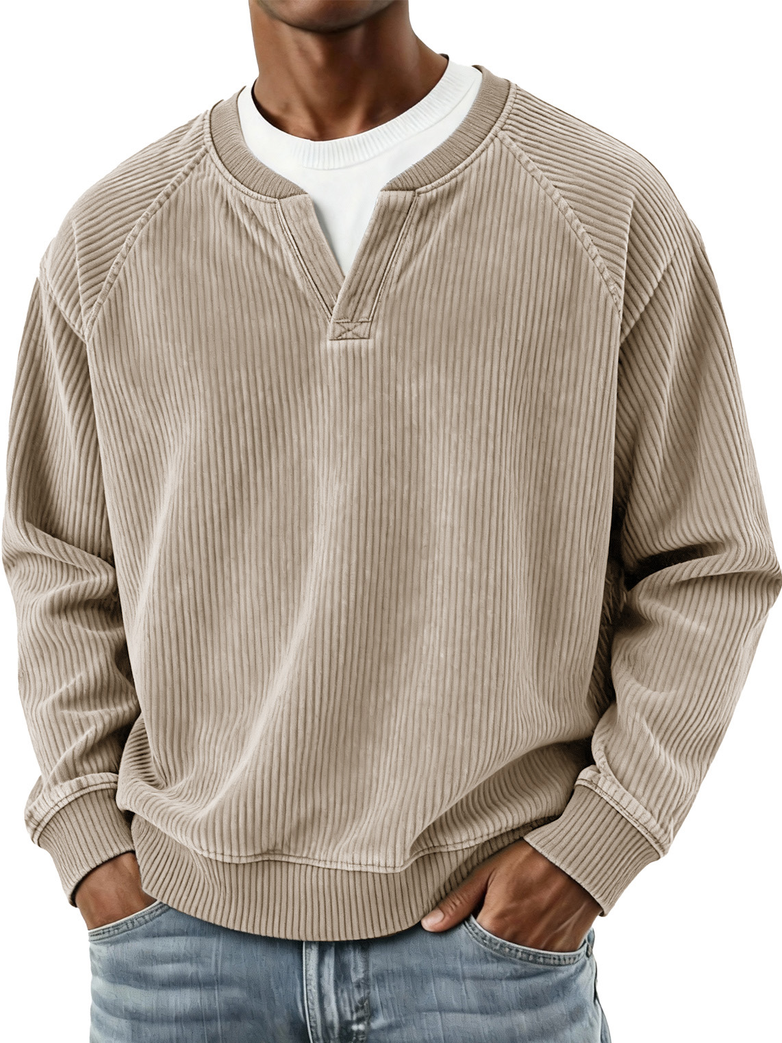 Men's Fashionable Casual Vertical Striped Corduroy Fabric Faux Two-piece Long-sleeved Top 