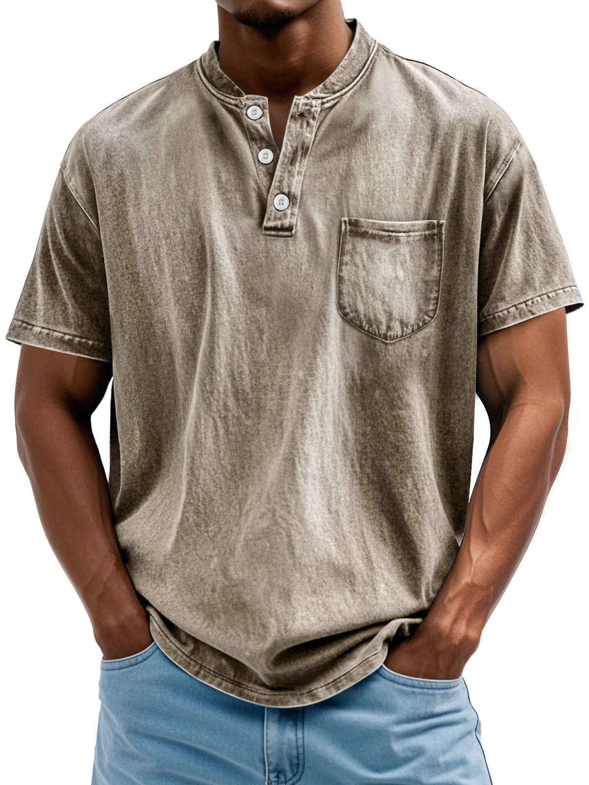 Men's Retro Stand Collar Pocket Casual Solid Color Short Sleeve Henley Shirt