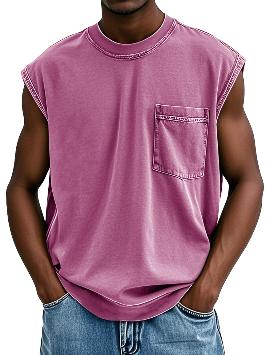 Men's Stylish Retro Distressed Short-sleeved Pocket Sleeveless T-shirt 