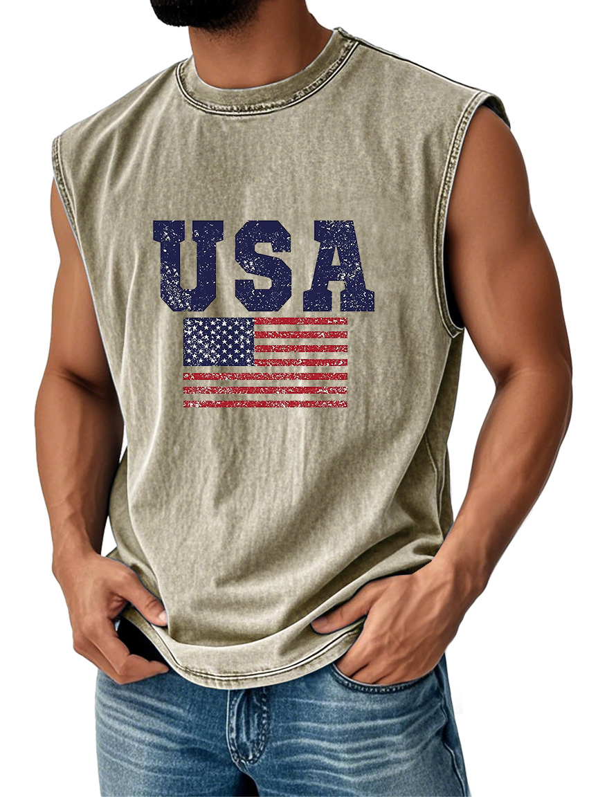 Men's Everyday Vintage American Independence Day Flag Printed Crew Neck Sleeveless Tank Top