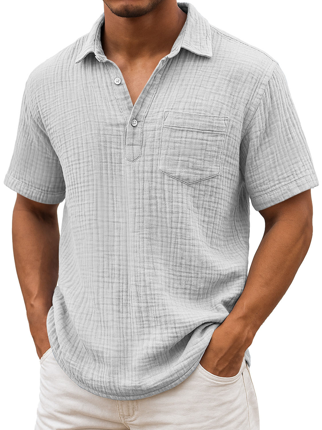 Men's Daily Pleated Texture Lapel Casual Pocket Comfortable Short Sleeve POLO Shirt