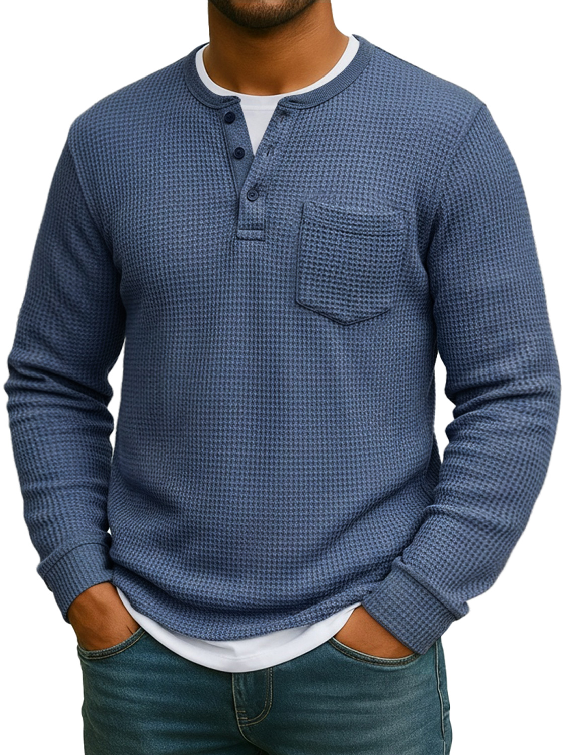 Men's Everyday Waffle Fake Two-Piece Casual Pocket Long Sleeve Henley Shirt