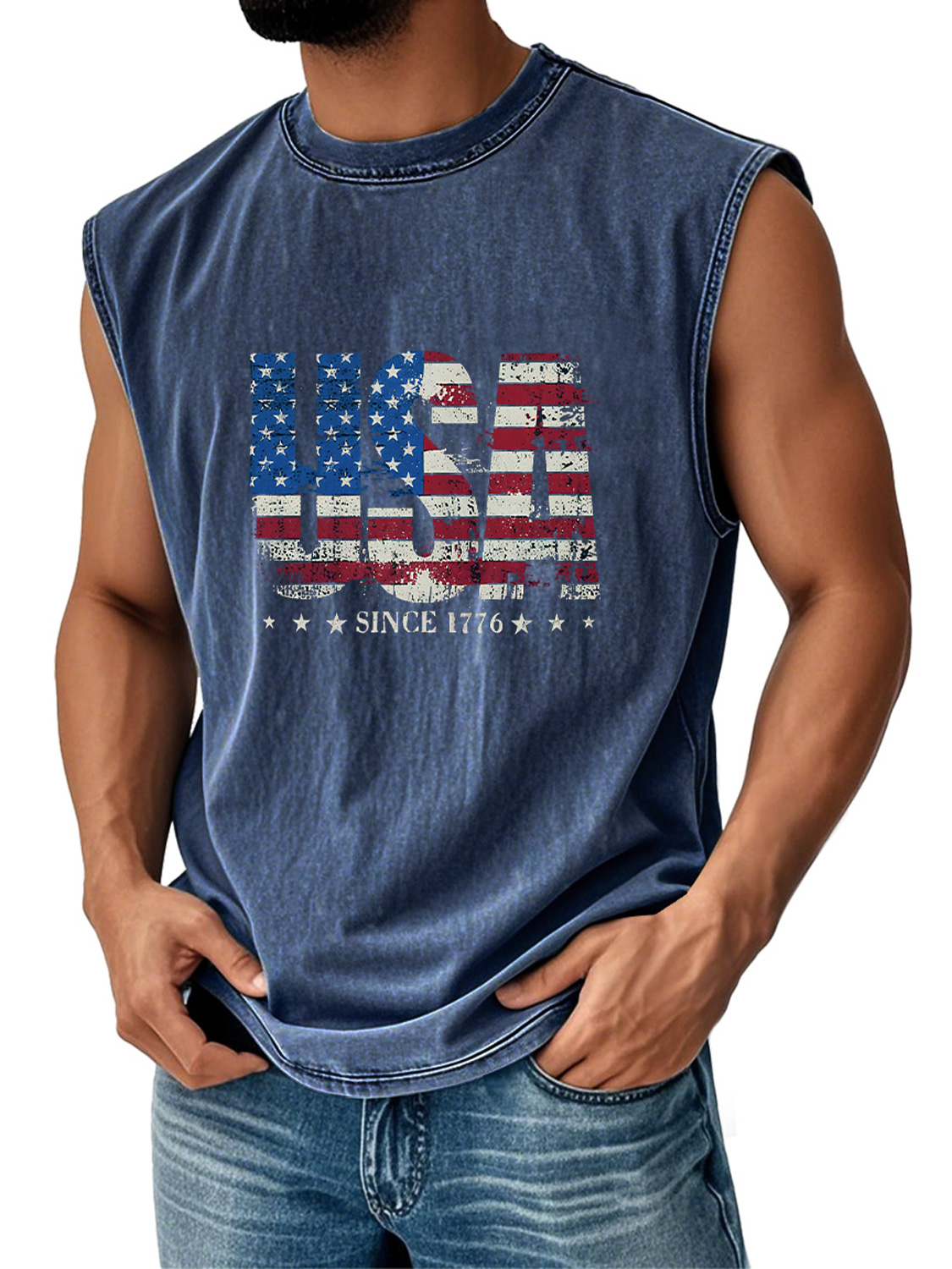Men's Retro Everyday Independence Day USA Flag Printed Casual Round Neck Sleeveless Vest
