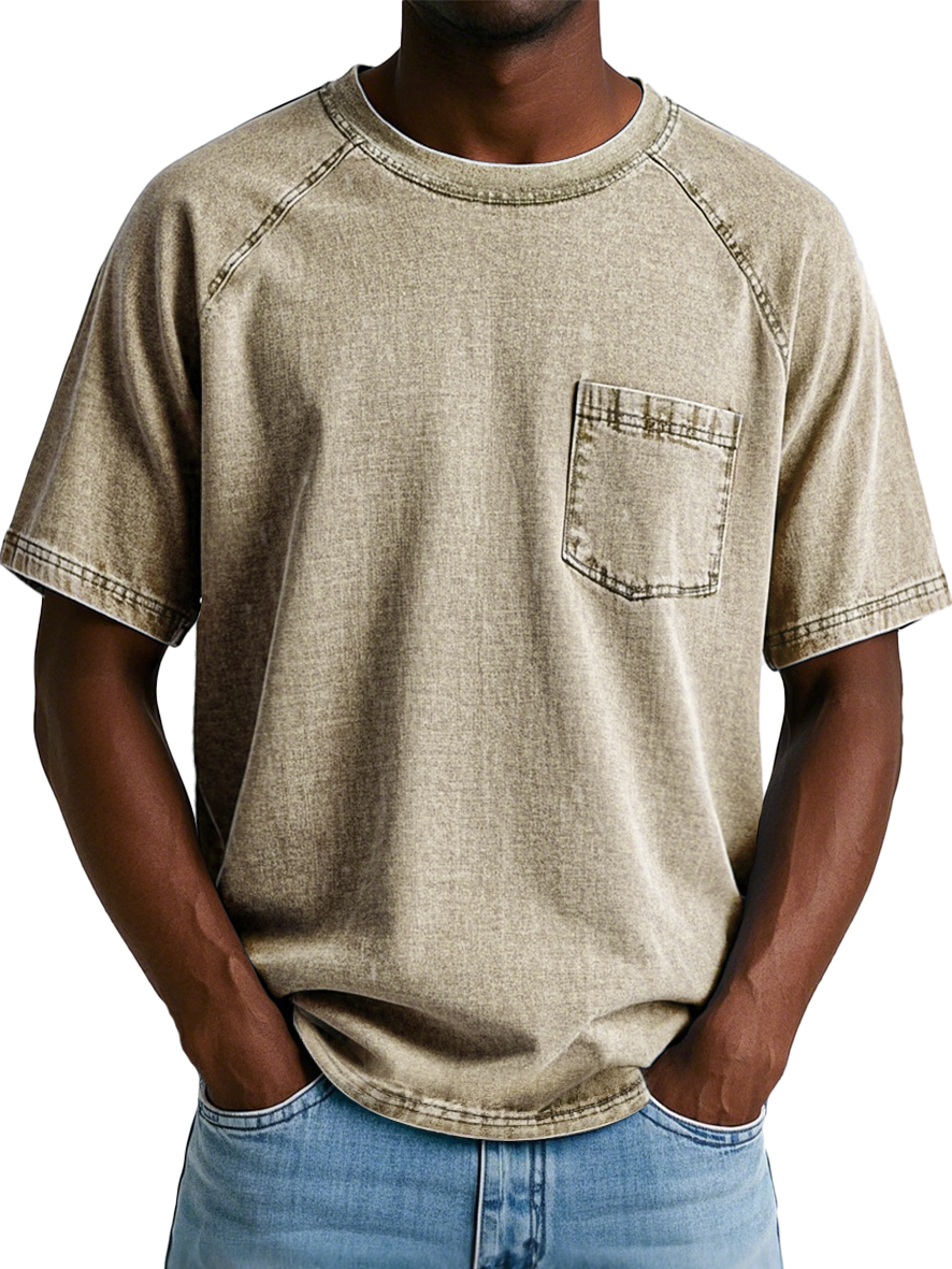 Men's Fashion Retro Raglan Pocket Casual Short Sleeve T-shirt