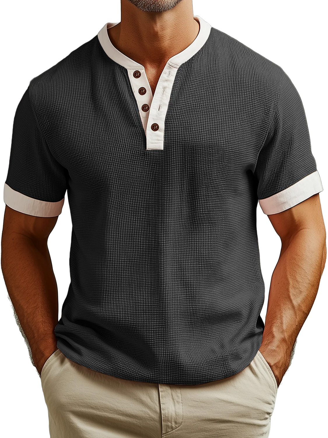 Men's Everyday Waffle Colorblock Casual Short Sleeve Henley Shirt
