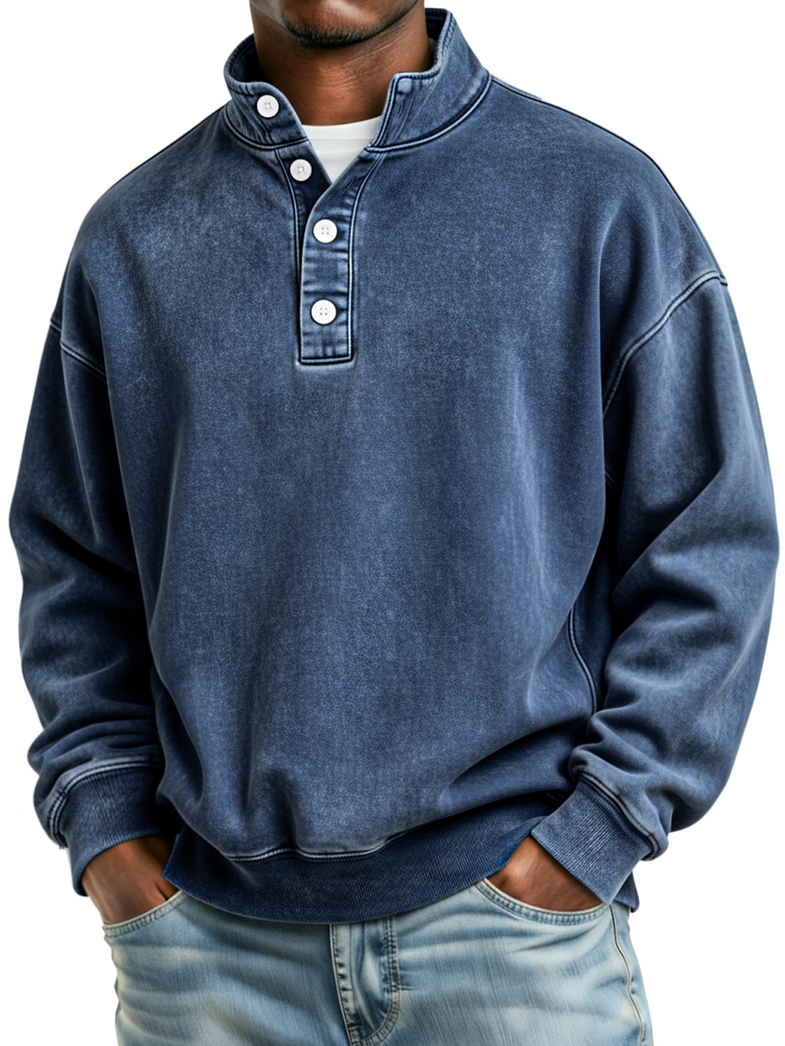 Men's Retro Stand Collar Button Casual Loose Sweatshirt
