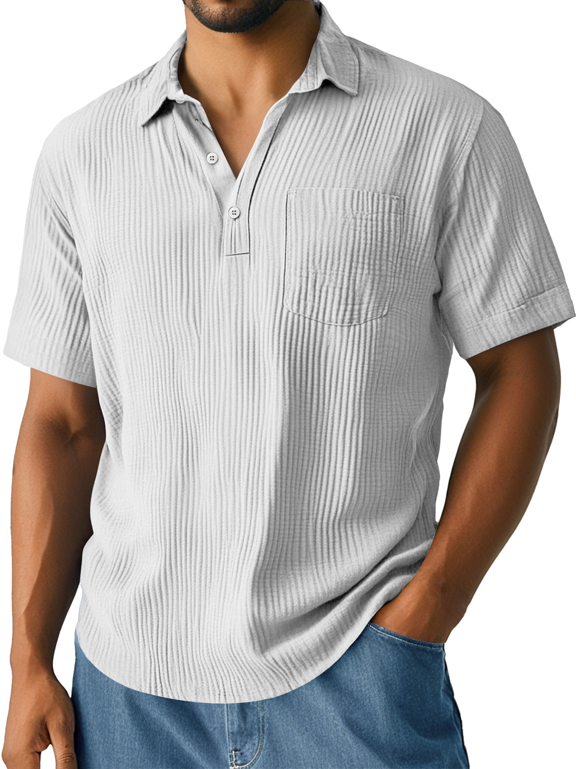 Men's Daily Pleated Texture Lapel Pocket Casual Short-sleeved Polo Shirt