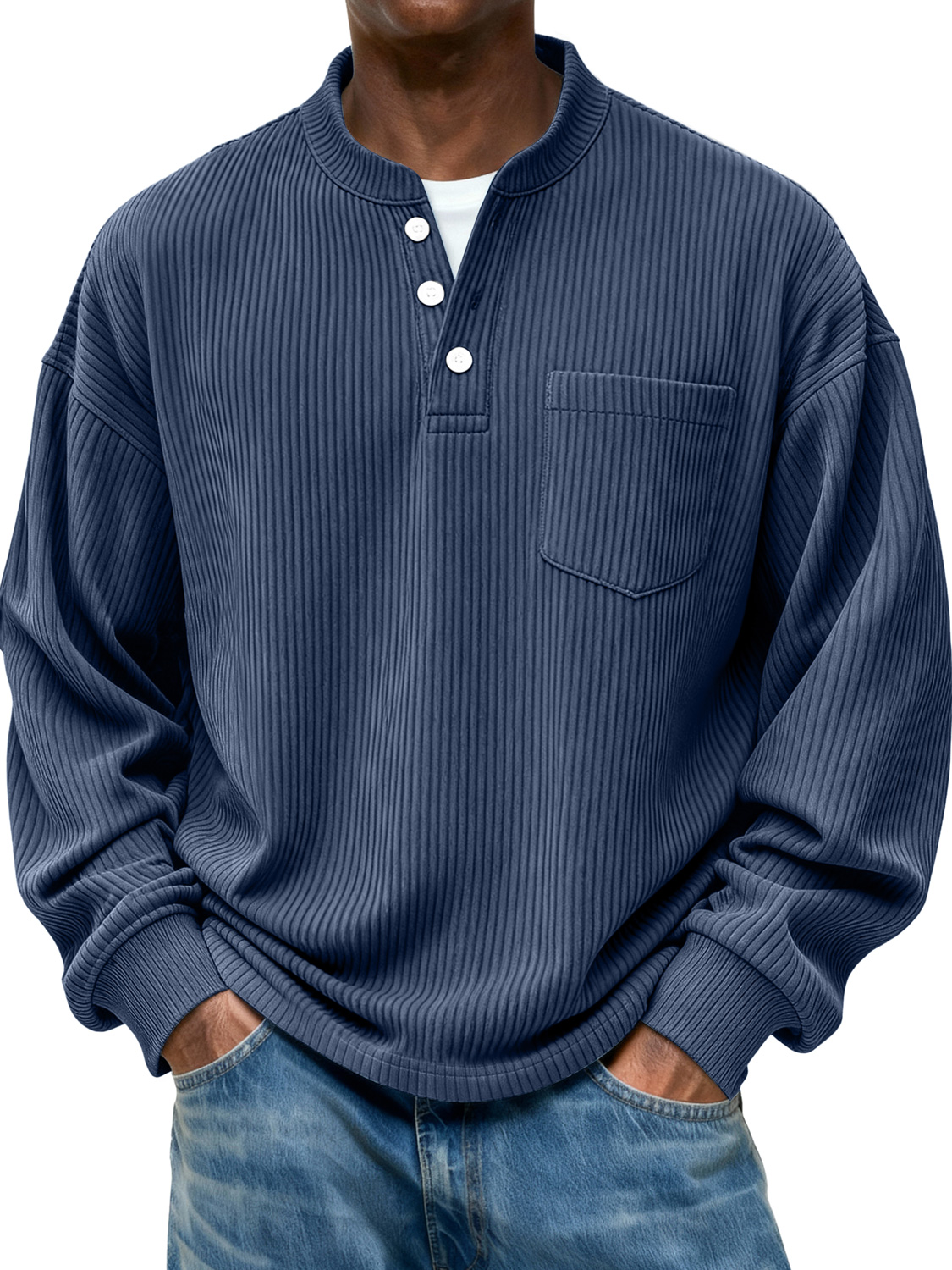 Men's Stand Collar Button Ribbed Casual Pocket Long Sleeve Henley Shirt