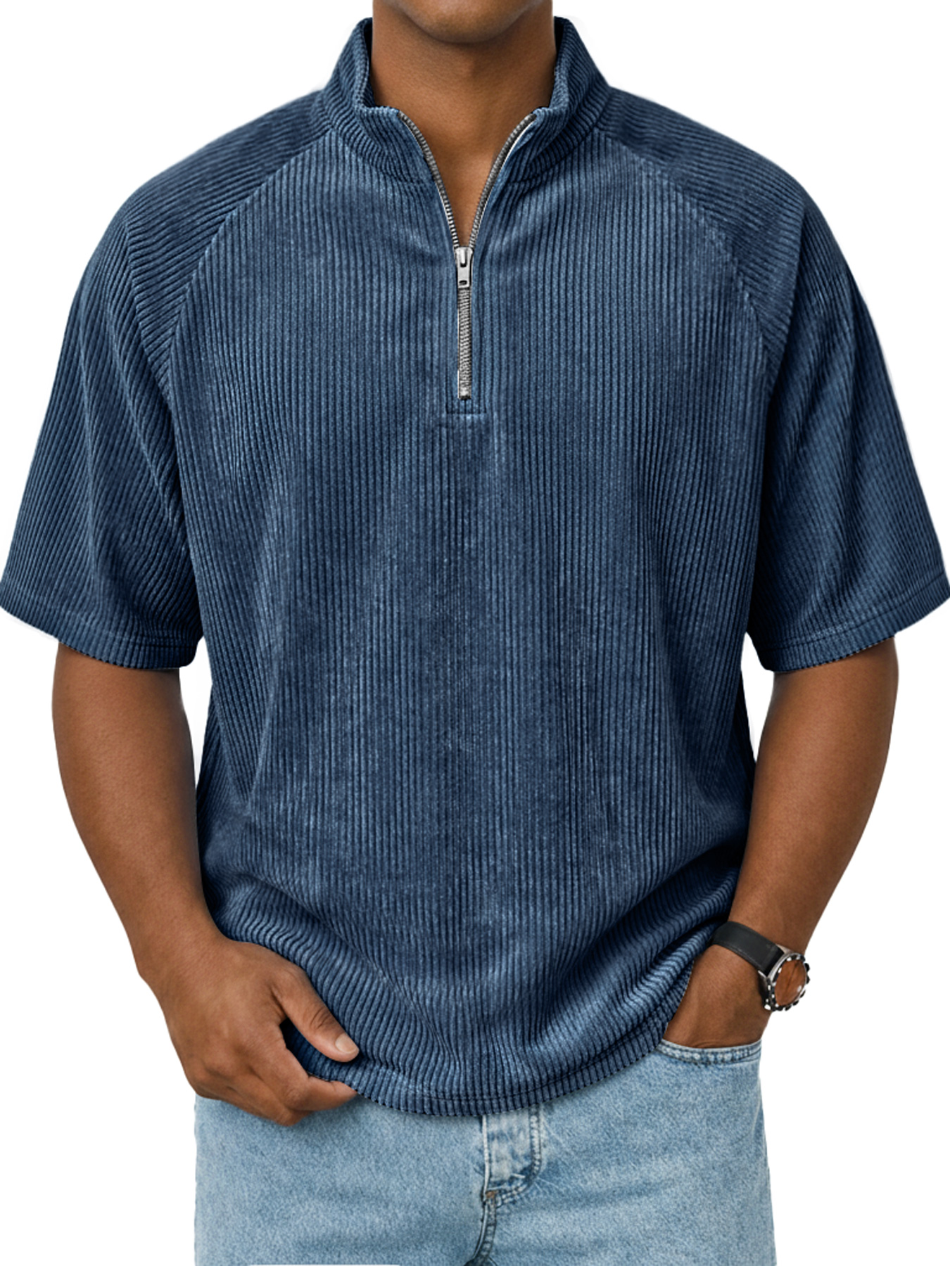 Men's Retro Raglan Corduroy Stand Collar Zipper Casual Short Sleeve T-Shirt