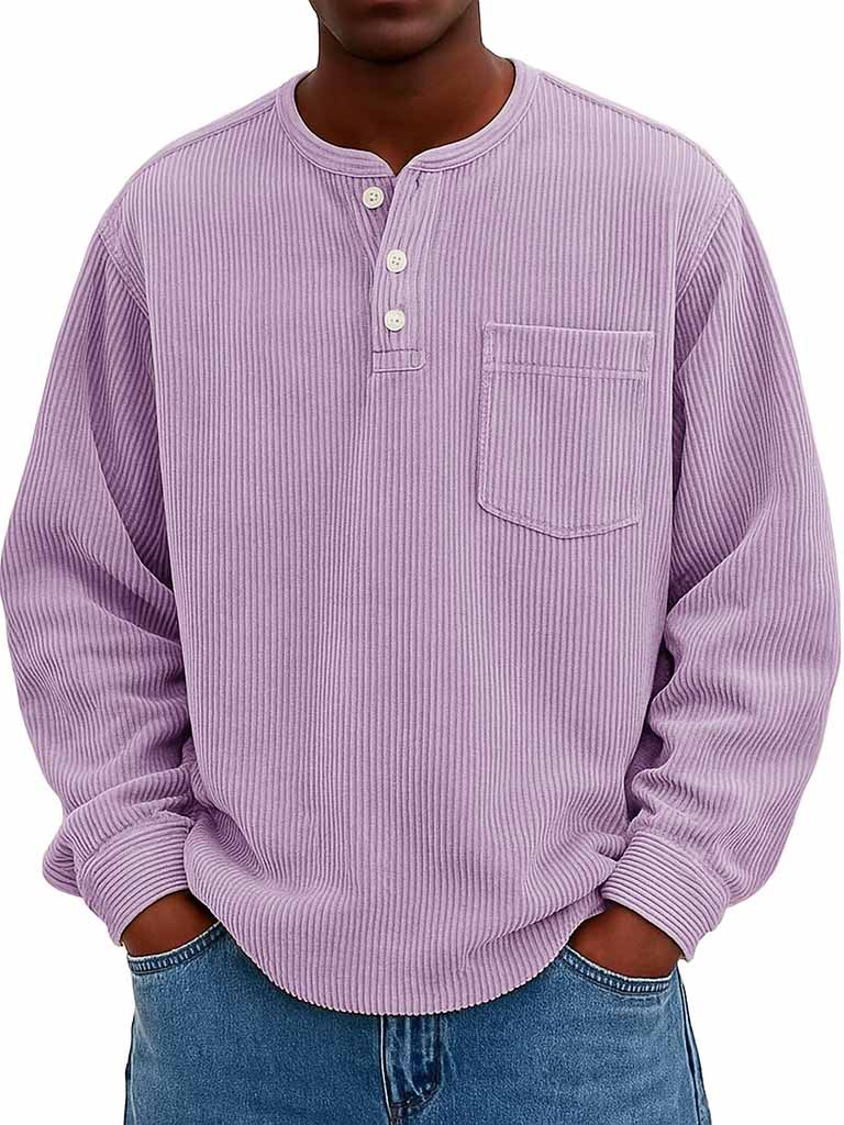 Men's Fashion Casual Corduroy Pocket Long Sleeve Henley Shirt
