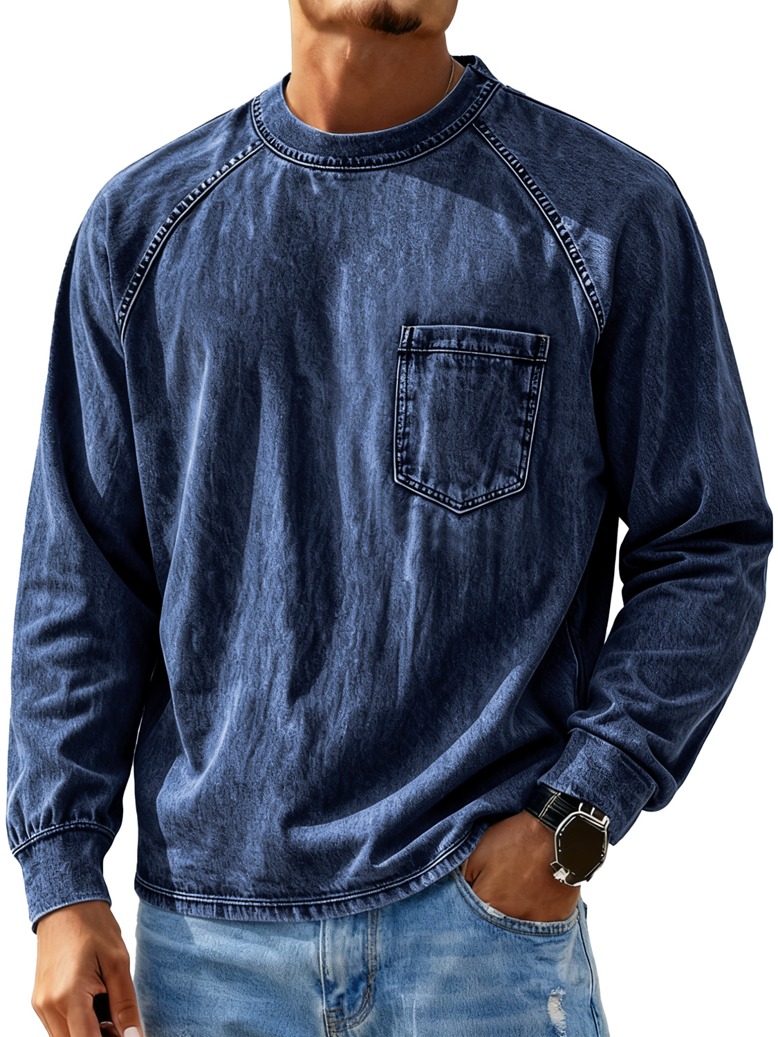 Men's Retro Crew Neck Raglan Casual Pocket Long Sleeve T-Shirt