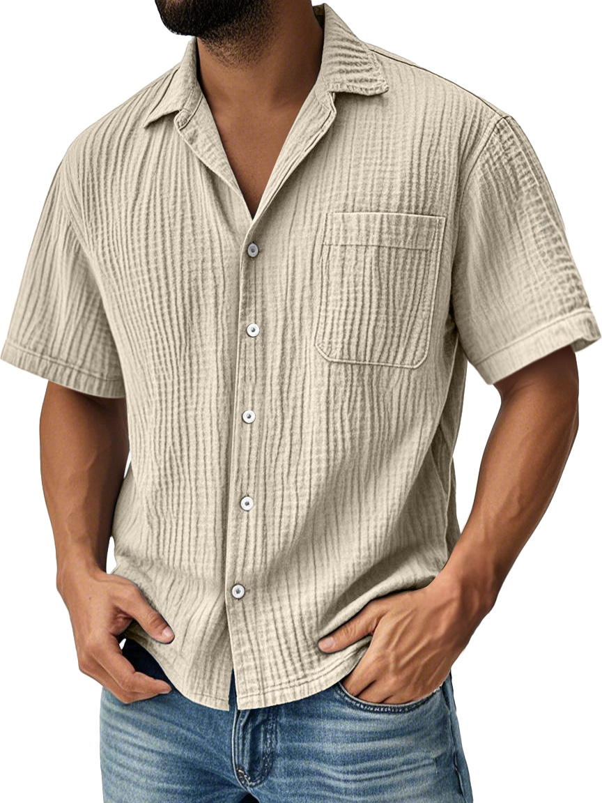 Men's Daily Pleated Pocket Casual Solid Color Short Sleeve Shirt
