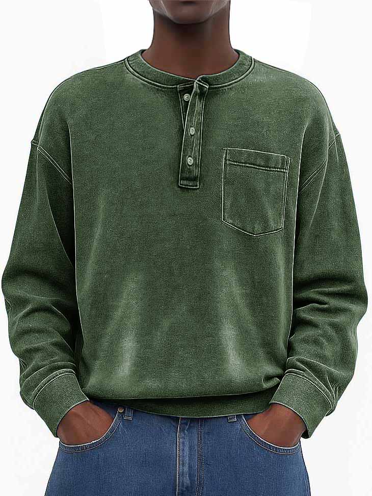 Men's Stylish Vintage Washed And Distressed Fabric Loose-fitting Long-sleeved Henley Shirt With Pockets