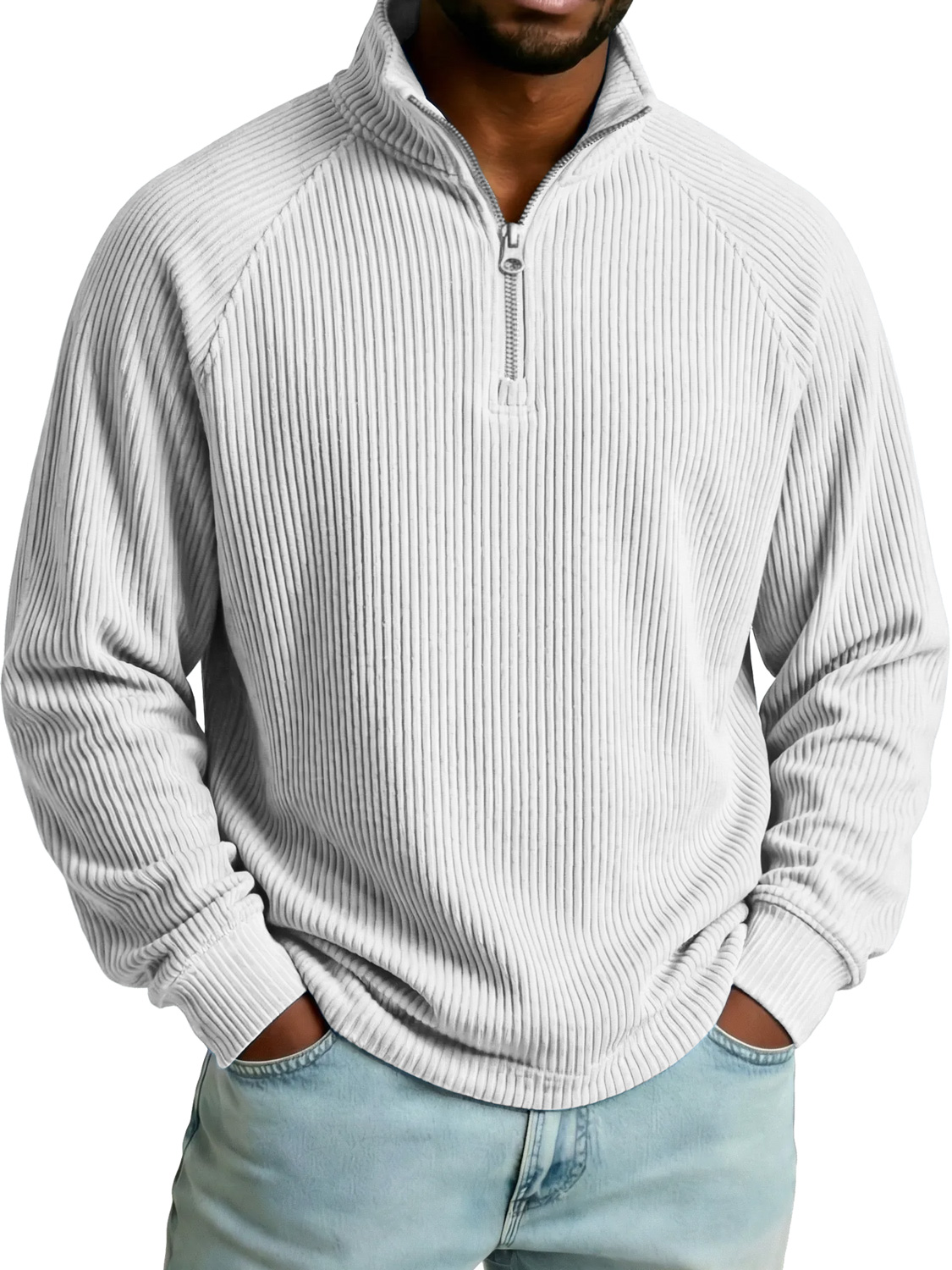 Men's Raglan Sleeve Ribbed Stand-collar Zip-up Casual Long-sleeved T-shirt