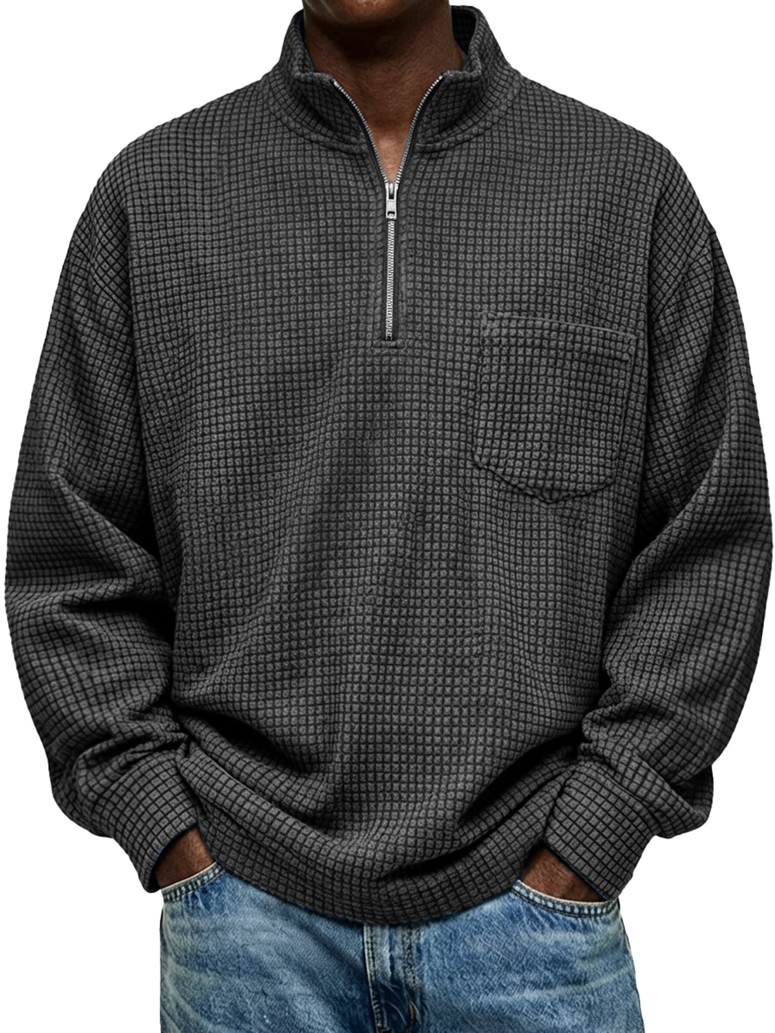 Men's Vintage Small Plaid Stand-collar Zip-up Casual Long-sleeved T-shirt With Pockets