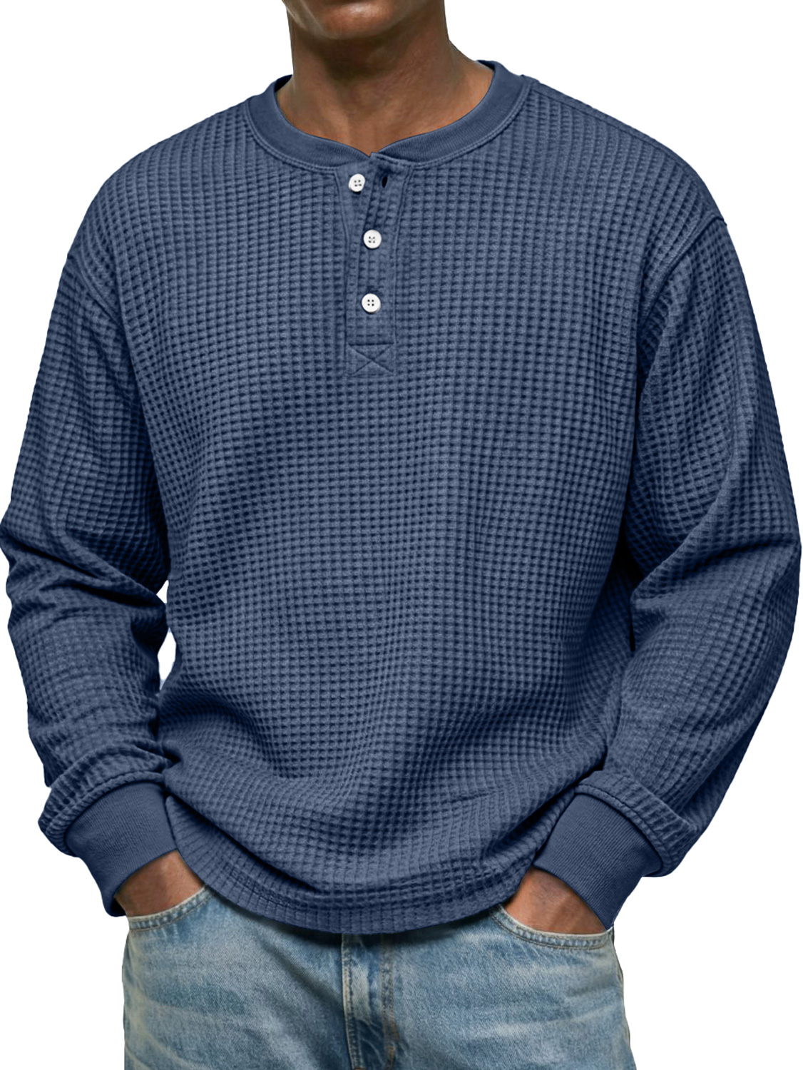 Men's Simple Waffle Casual Long-Sleeved Henley Shirt