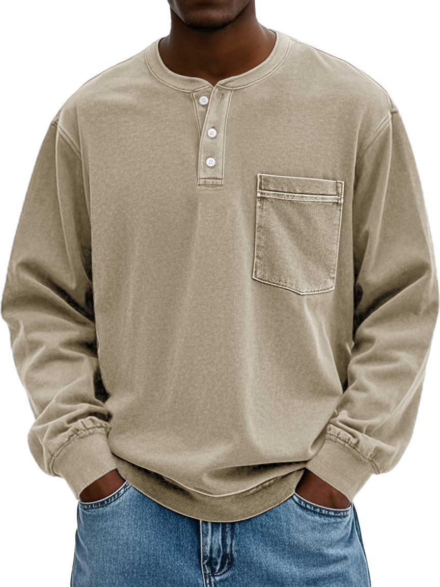 Men's Stylish Vintage Distressed Pocket Lapel Long-sleeved Henley Shirt