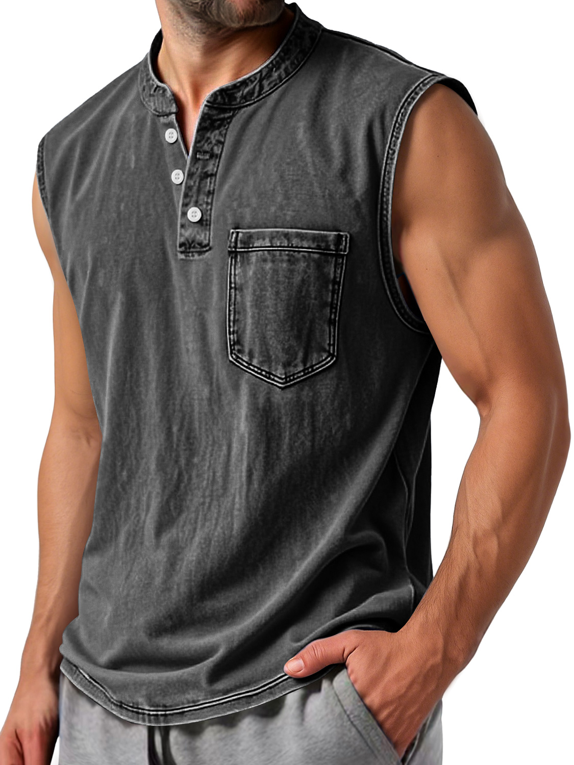 Men's Vintage Stand Collar Button Casual Comfort Sleeveless Henley Shirt