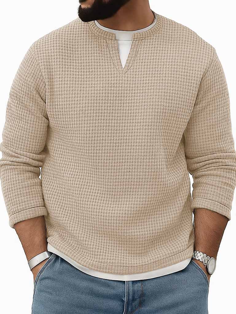 Men's Stylish Vintage Waffle Fabric V-neck Simulated Two-piece Loose-fitting Long-sleeved T-shirt