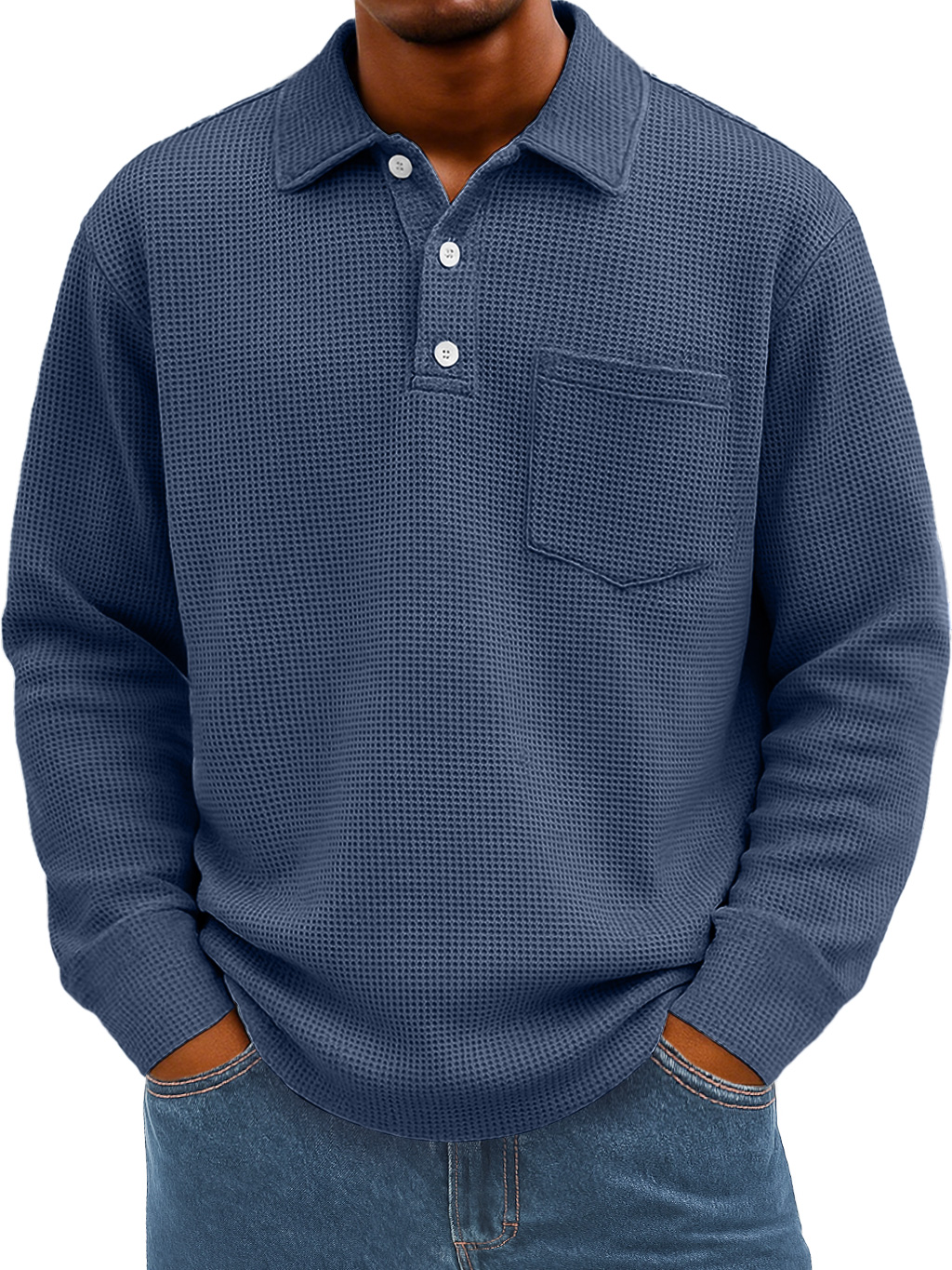 Men's Everyday Waffle Lapel Button Casual Pocket Long Sleeve Polo Shirt