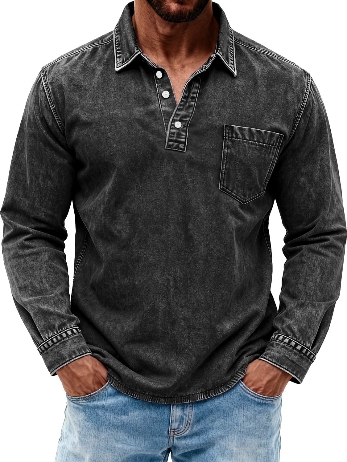 Men's Retro Washed Casual Polo Shirt with Turn-Down Collar and Buttons