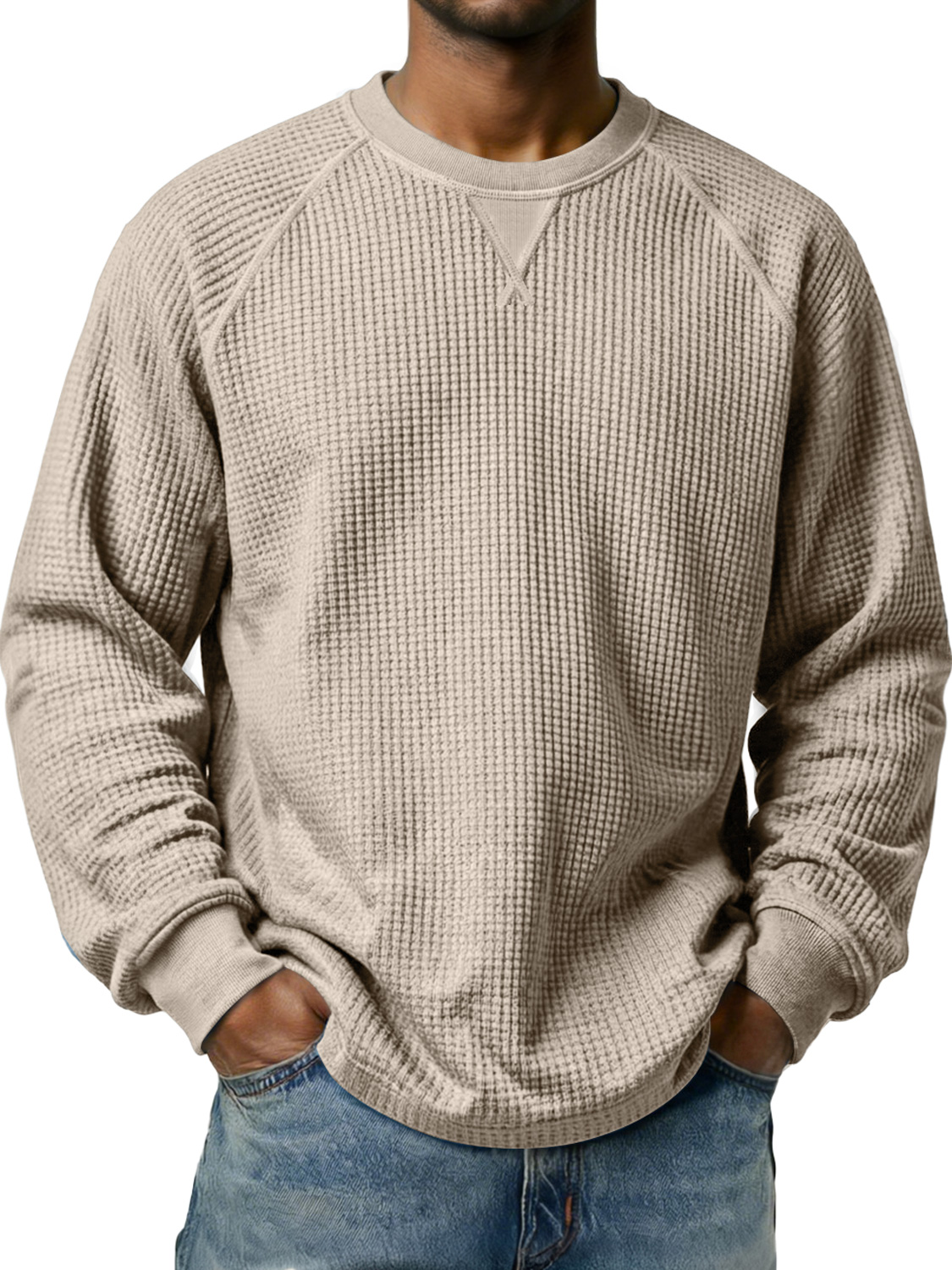 Men's Waffle-knit Raglan Sleeve Crew Neck Casual Long-sleeved T-shirt