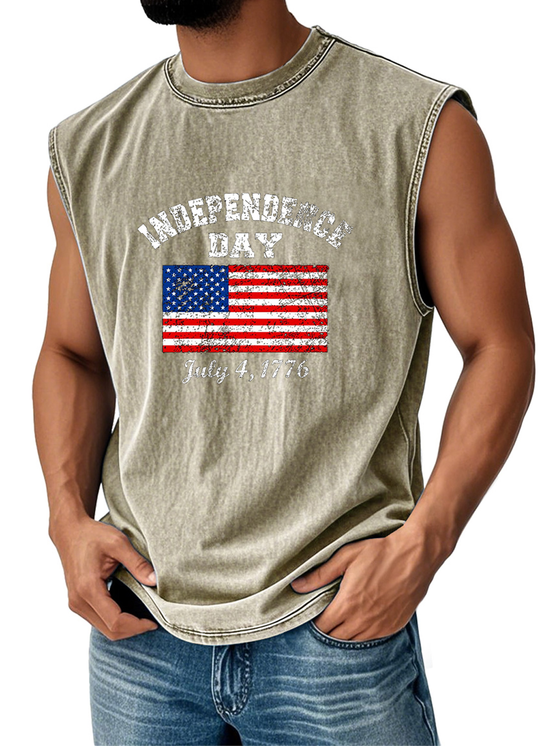 Men's Retro Everyday Independence Day Flag Print Casual Round Neck Sleeveless Vest