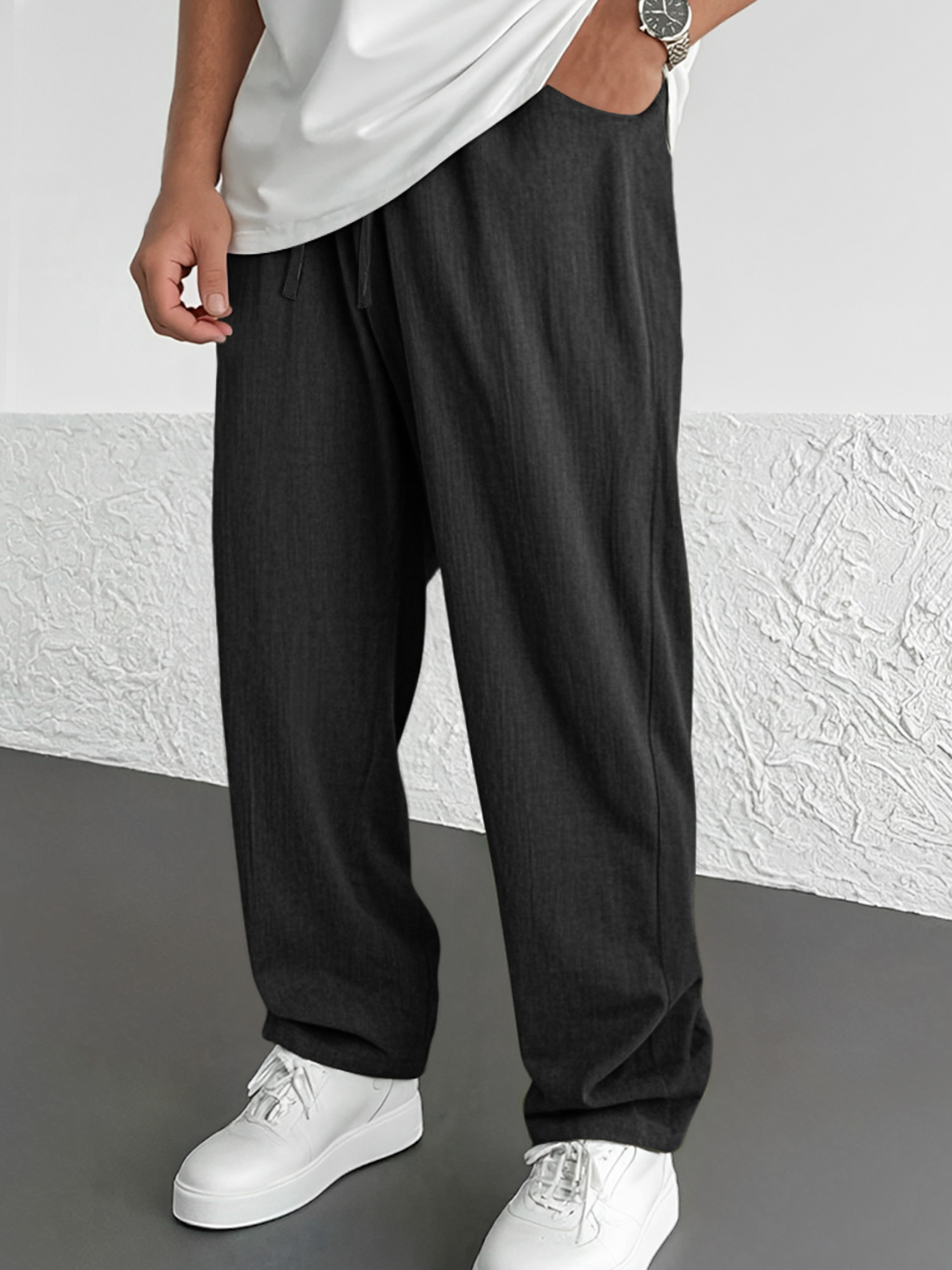 Men's Summer Daily Cotton And Linen Elastic Waist Casual Solid Color Comfortable Trousers