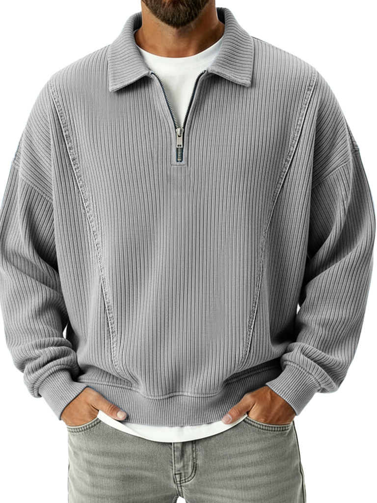 Men's Retro Fashion Ribbed Collar Zipper Long-Sleeve Polo Shirt