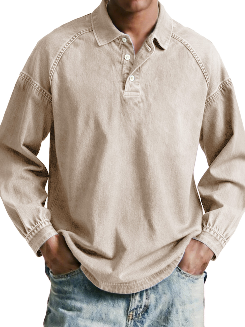 Men's wear, retro, retro, loose, raglan, long-sleeved polo shirt