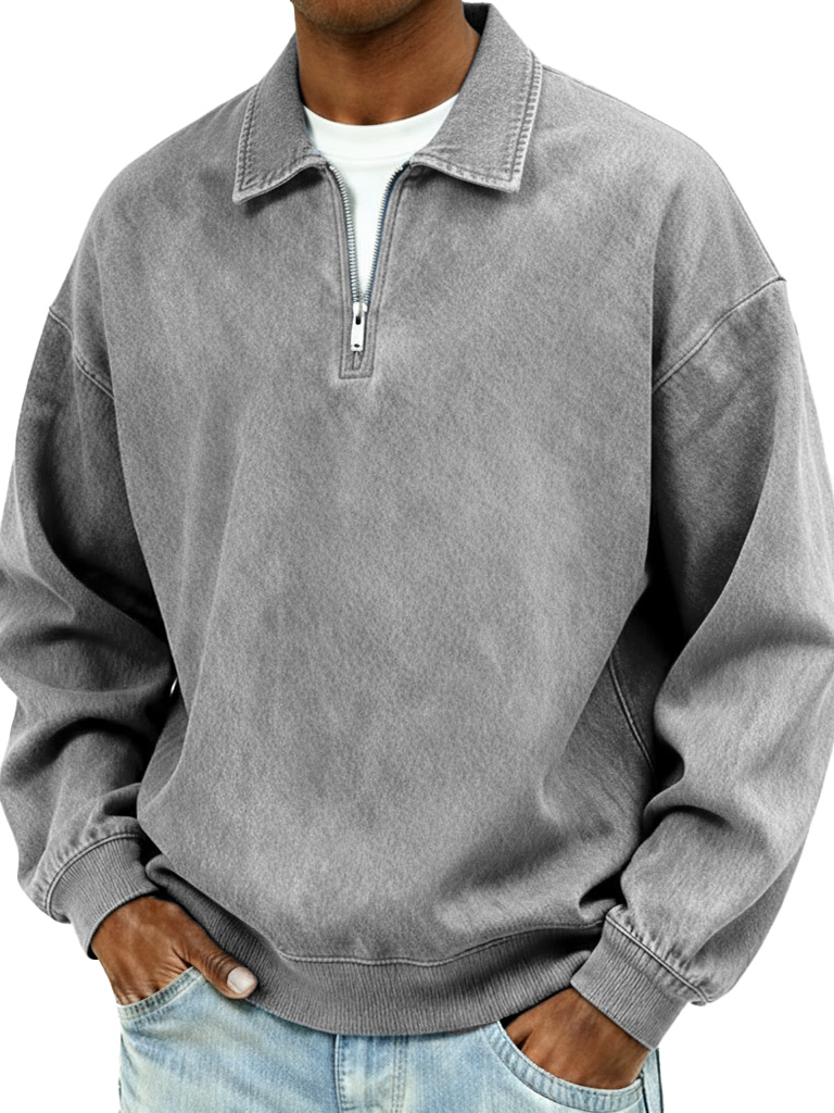 Men's Retro Fashion Distressed Collar Zipper Long-Sleeve Polo Shirt