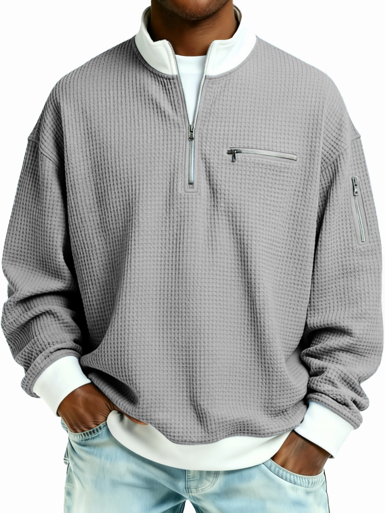 Men's Fashion Casual Patchwork Zipper Stand Collar Waffle Gown Long-Sleeve Top