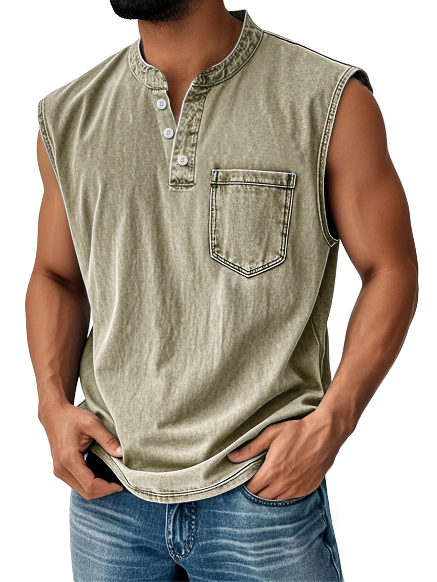 Men's Vintage Stand Collar Casual Pocket Solid Color Sleeveless Henley Vest