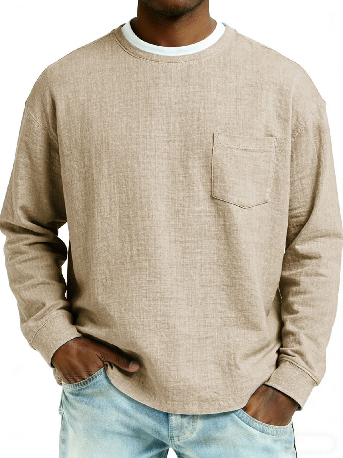 Men's Fashionable Casual Linen Fabric Pocket Long-Sleeved Top