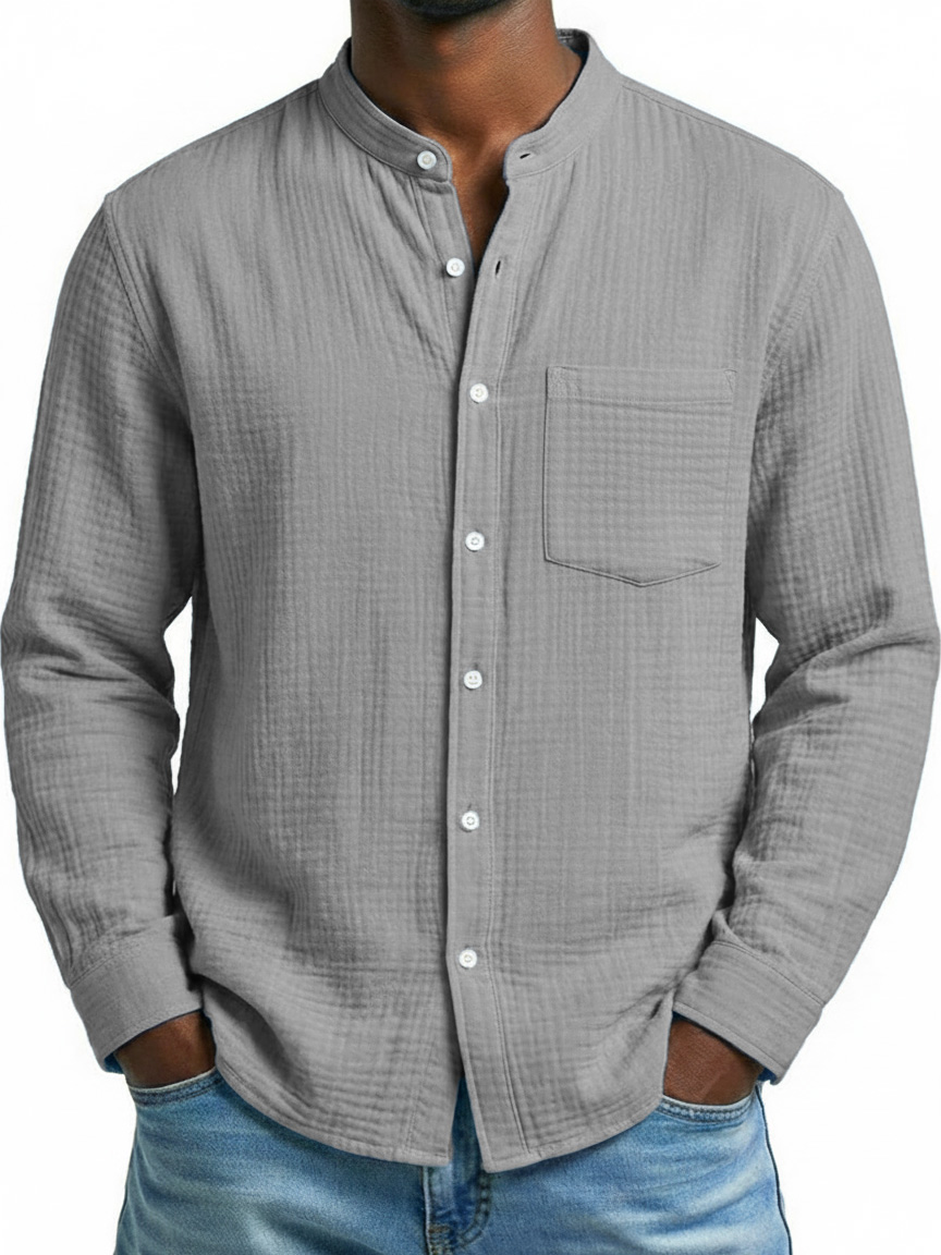 Men's Fashion Casual Retro Stand-Up Collar Pleated Fabric Long-Sleeve Shirt