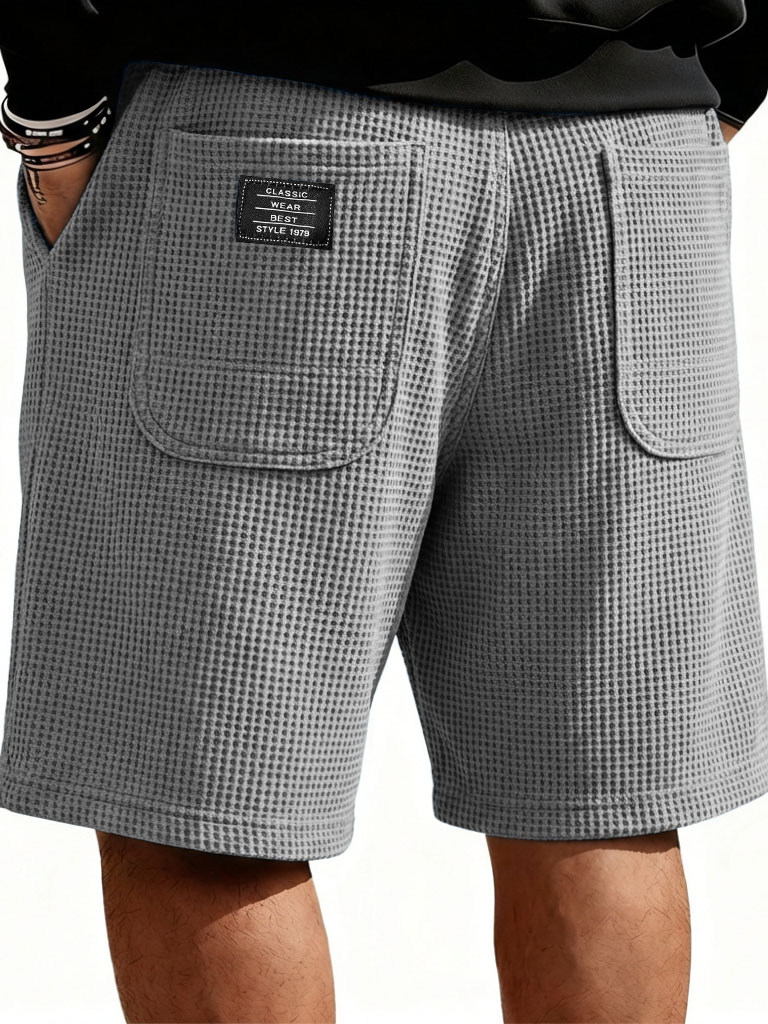 Men's Fashion Casual Waffle Gown with Double Pockets Loose Shorts