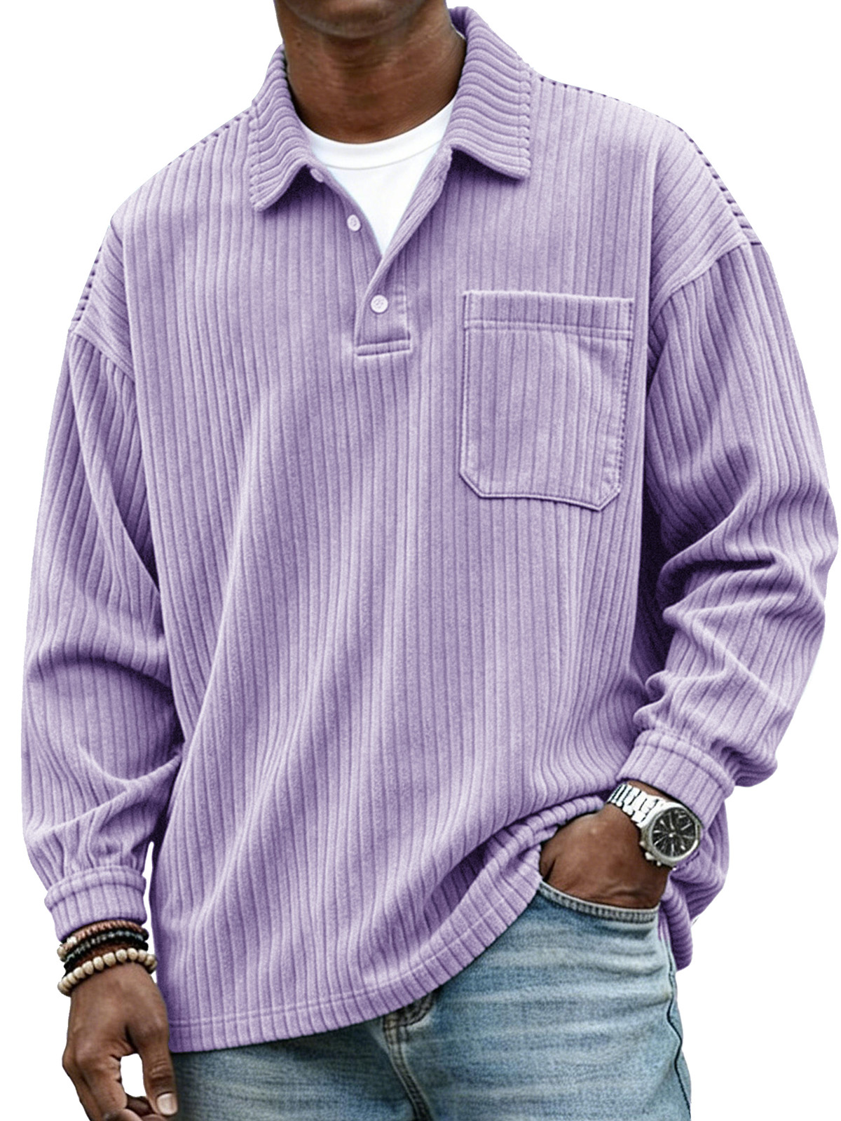  Stylish Casual Loose Corduroy Fabric Lapel Pockets Long-sleeved Polo Shirt 