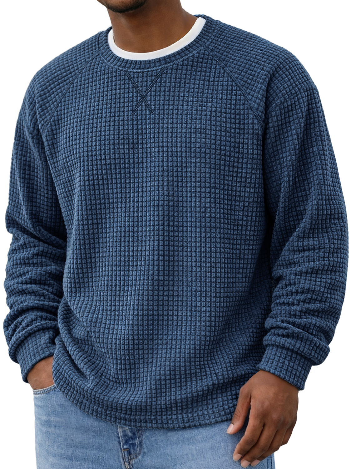 Men's Crew Neck Raglan Sleeve Corduroy Waffle Knit Long-sleeved T-shirt With Crossover Design