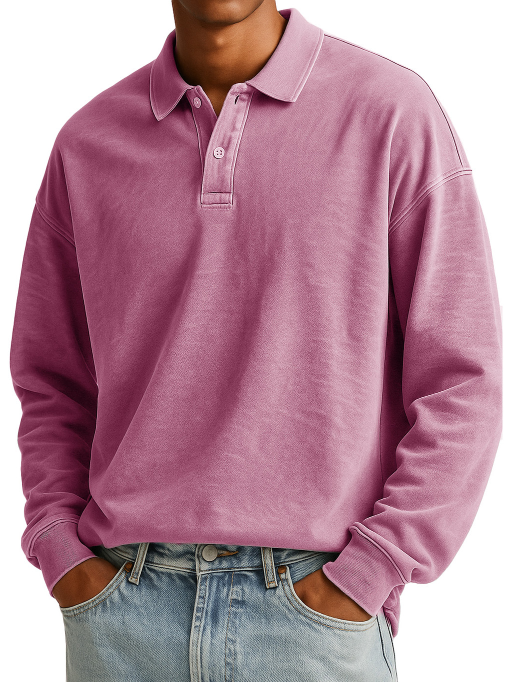  Men's Stylish Casual Padded Lapel Button-stitched Ribbed Long-sleeved Polo Shirt 