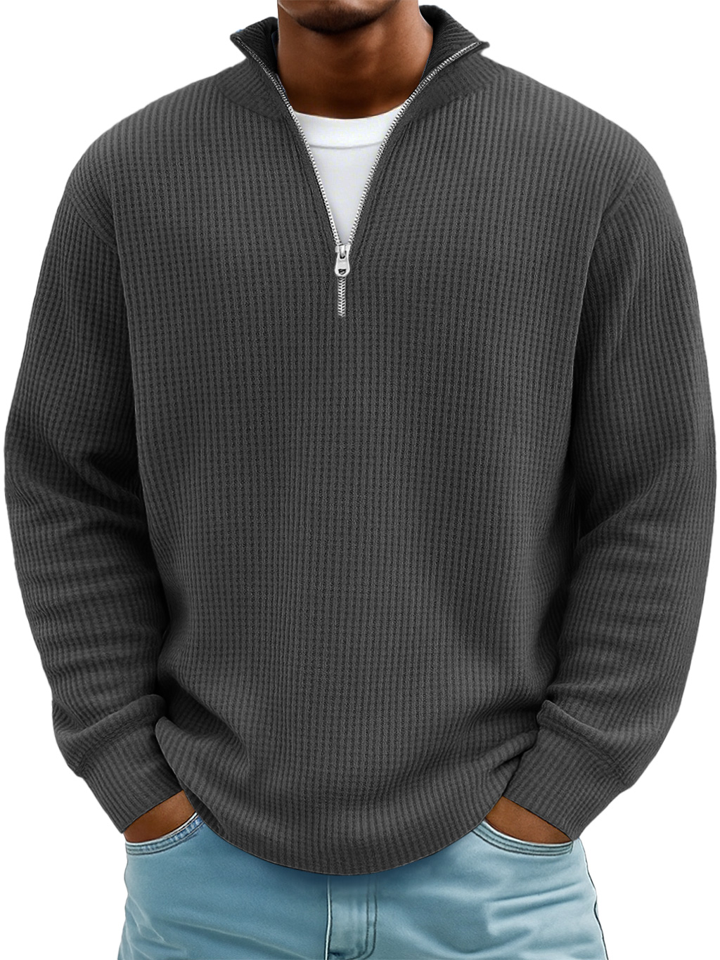 Men's Everyday Waffle Stand Collar Zipper Casual Long Sleeve T-shirt