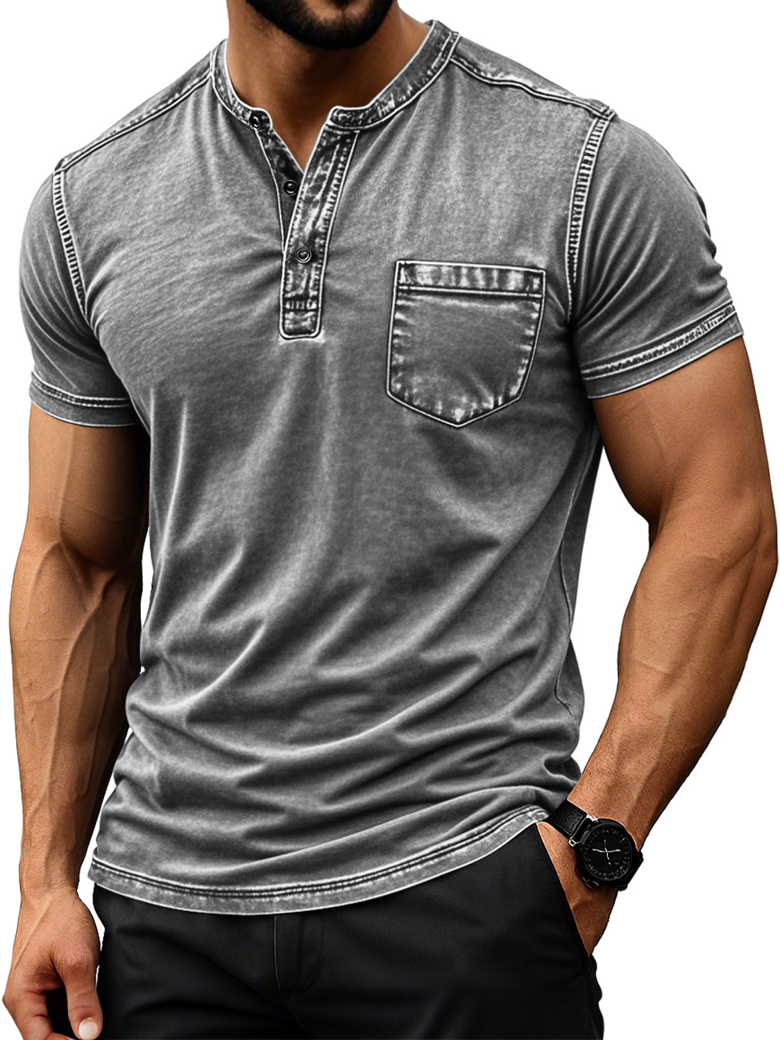 Men's Retro Everyday Casual Pocket Comfort Short Sleeve Henley Shirt