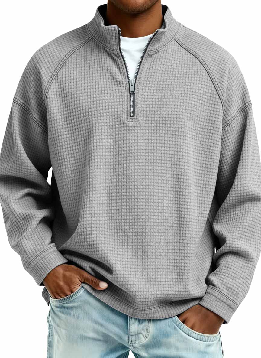 Men's Fashion Waffle Fabric Raglan Stand Collar Zipper Sweatshirt