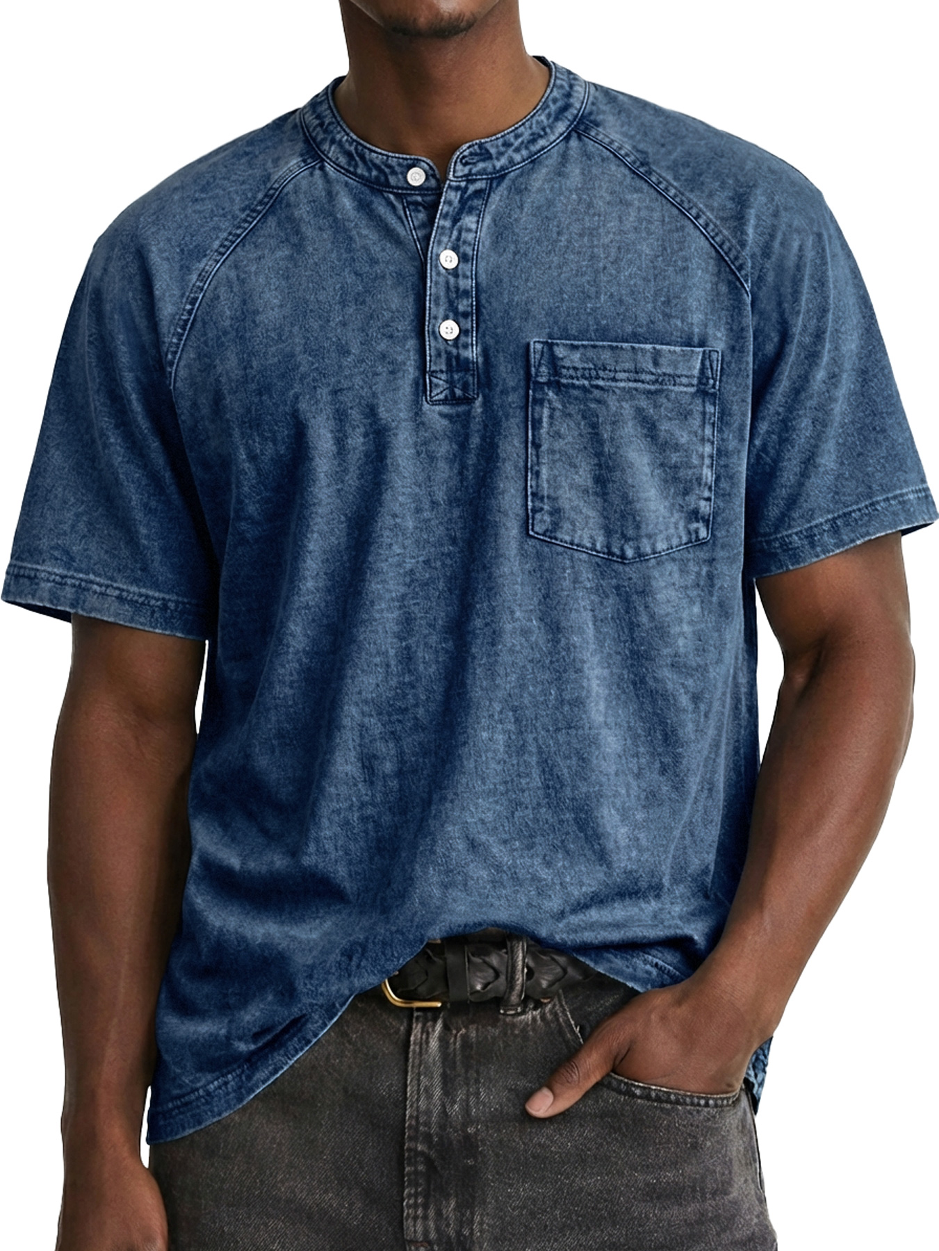 Men's Retro Raglan Pocket Casual Short-Sleeve Henley Shirt