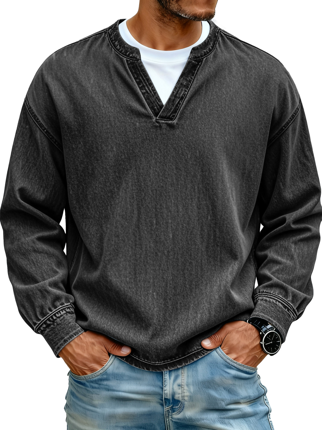 Retro Minimalist Faux Two-piece Design Casual Long-sleeved T-shirt