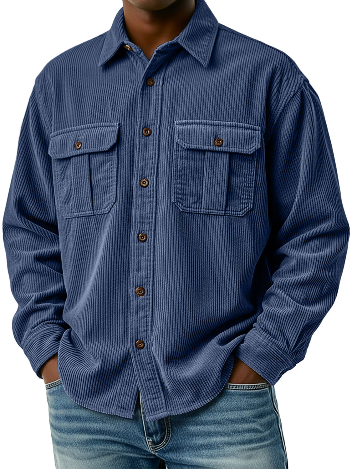 Men's Retro Corduroy Double Pocket Casual Long-Sleeve Work Shirt