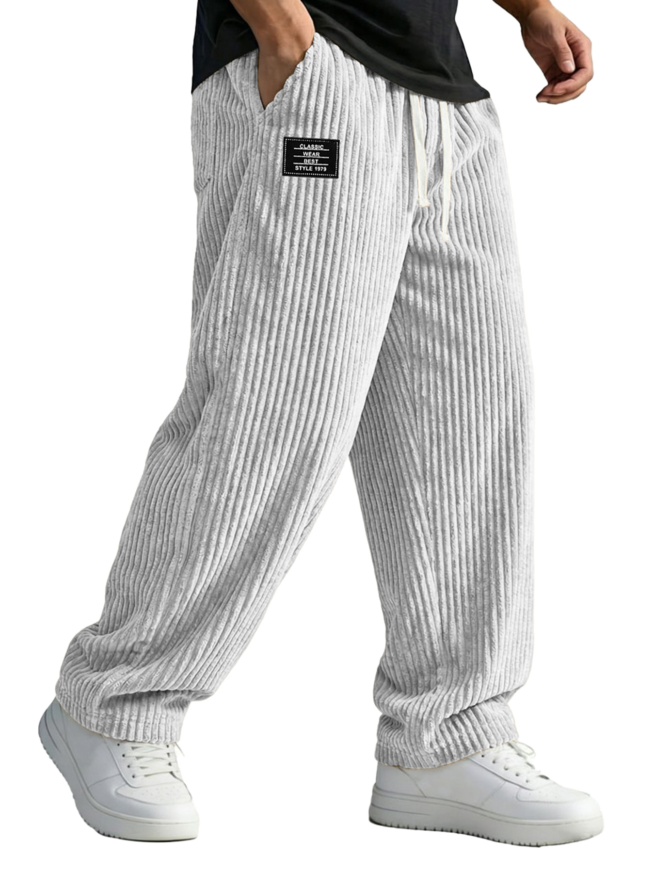 Men's Corduroy Casual Trousers With Embroidered Logo And Elastic Waistband