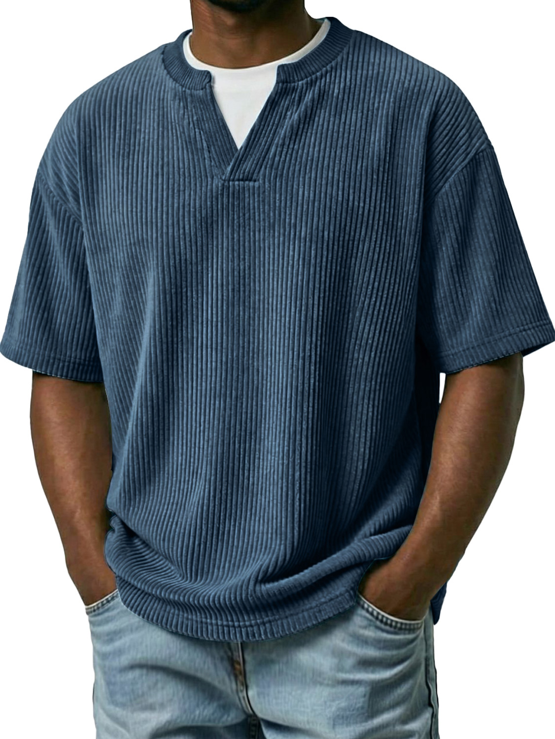 Men's Corduroy Faux Two-piece Double-collar Casual Short-sleeved T-shirt